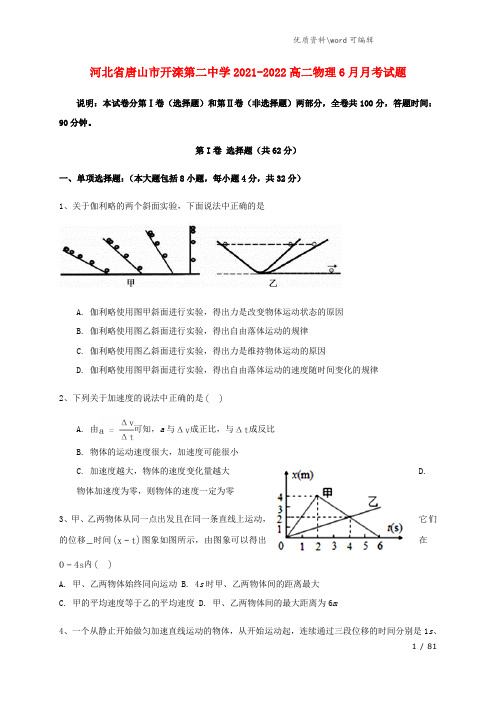 河北省唐山市开滦第二中学2021-2022高二物理6月月考试题.doc