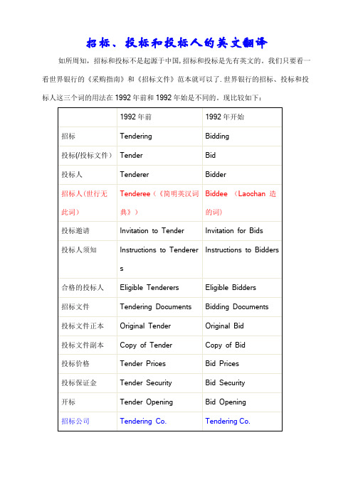 招标、投标和投标人的英文翻译