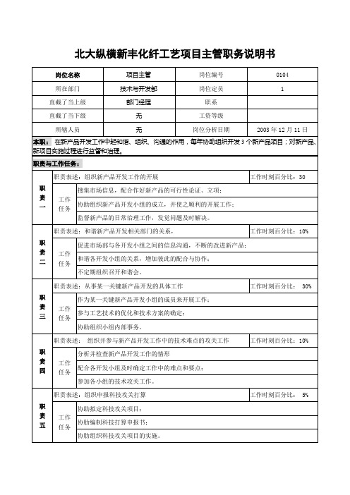 北大纵横新丰化纤工艺项目主管职务说明书