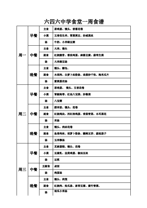 学校食堂菜谱表