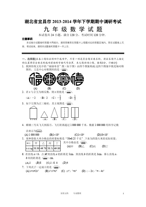 湖北省宜昌市2013-2014学年下学期期中调研考试九年级数学试题