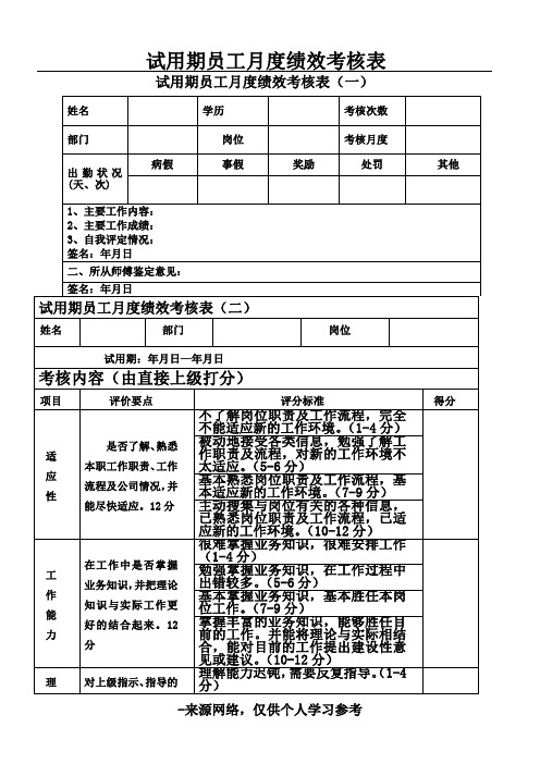 新员工试用期考核表(月度)