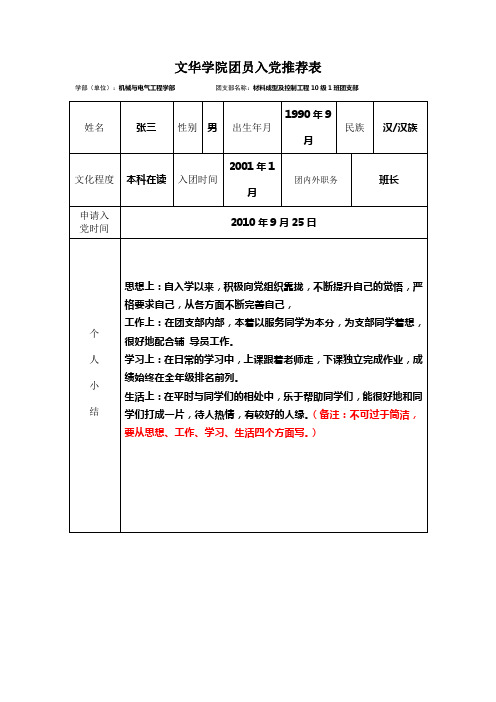 团员推优表及会议记录表范例