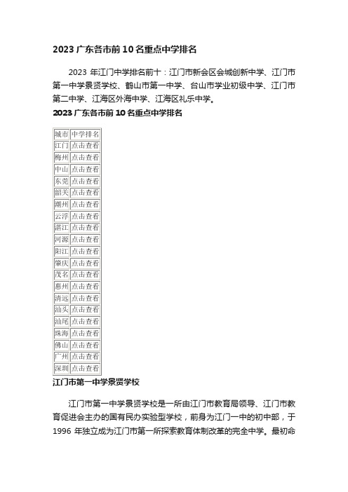 2023广东各市前10名重点中学排名