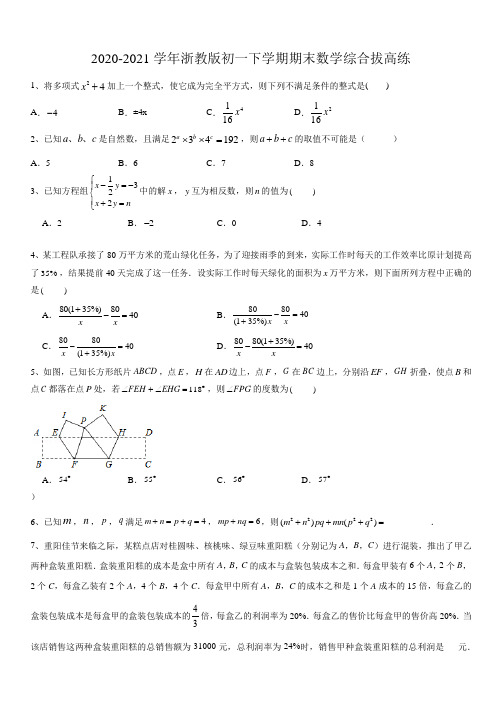 2020-2021学年浙教版七年级下册 期末数学综合拔高练