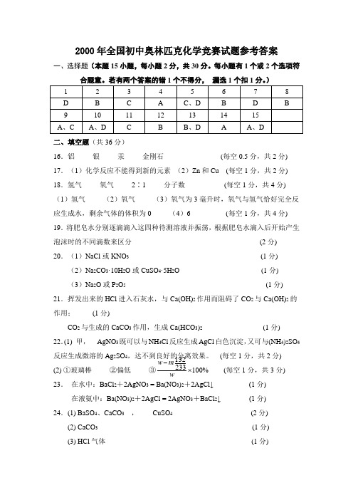 2000年全国初中奥林匹克化学竞赛试题参考答案