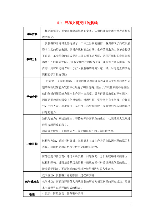 2018_2019学年高中历史专题五走向世界的资本主义市场5.1开辟文明交往的航线教案1人民版必修2