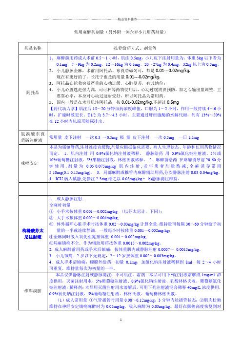 常用麻醉药剂量(另外附一例六岁小儿用药剂量)