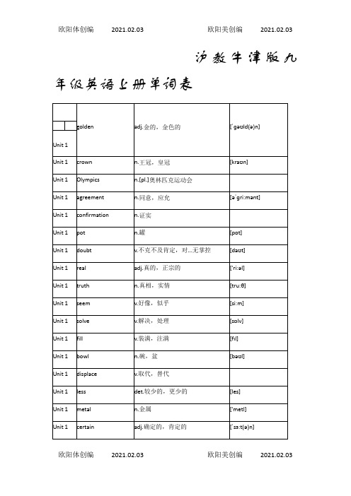 九年级英语上册单词表之欧阳体创编