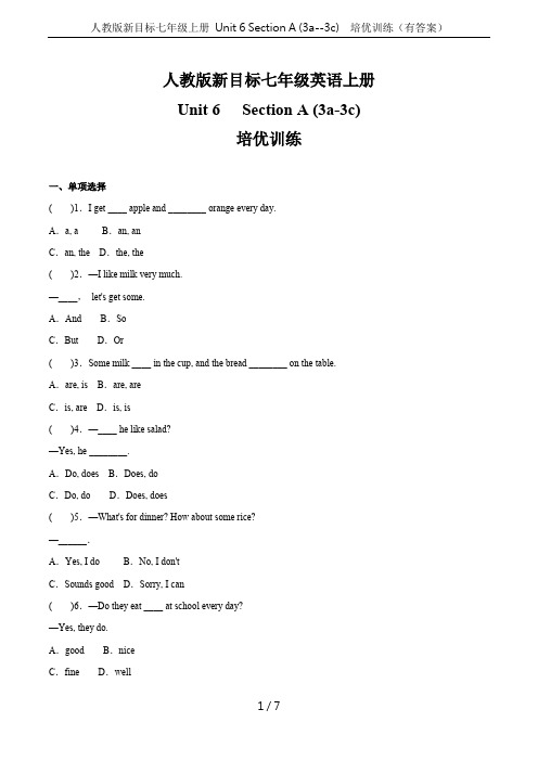 人教版新目标七年级上册 Unit 6 Section A (3a--3c)  培优训练(有答案)