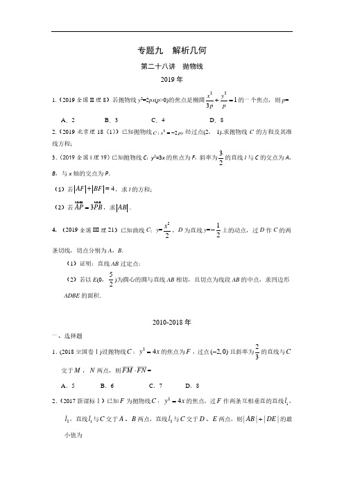 理科数学2010-2019高考真题分类训练专题九  解析几何第二十八讲  抛物线