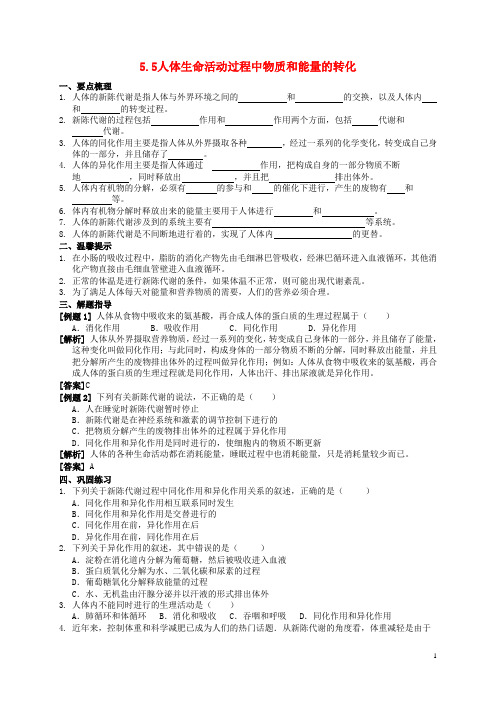 八年级科学上册5.5人体生命活动过程中物质和能量的转化导学案(新版)华东师大版