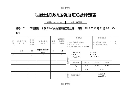 混凝土试块抗压强度汇总及评定表之欧阳语创编