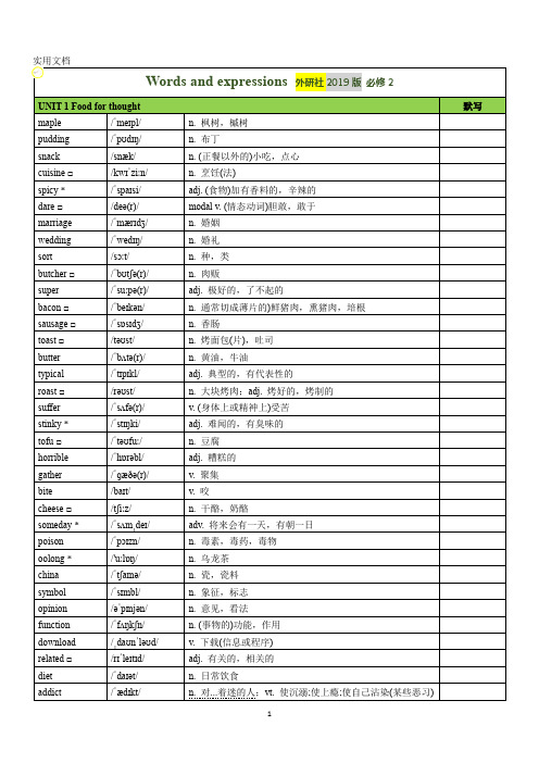 外研社2019版高中英语必修二单词表