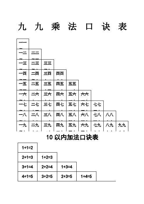 乘法口诀表以内加减法口诀表A纸可以打印 