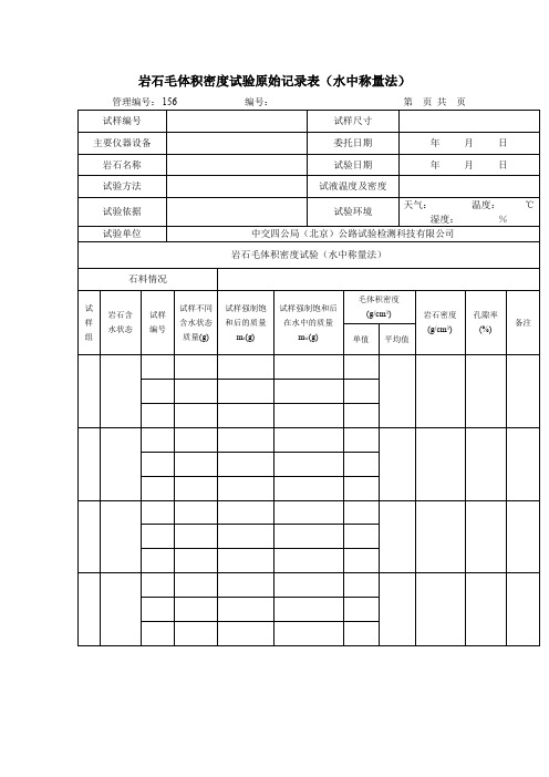 岩石毛体积密度试验原始记录表(水中称量法)