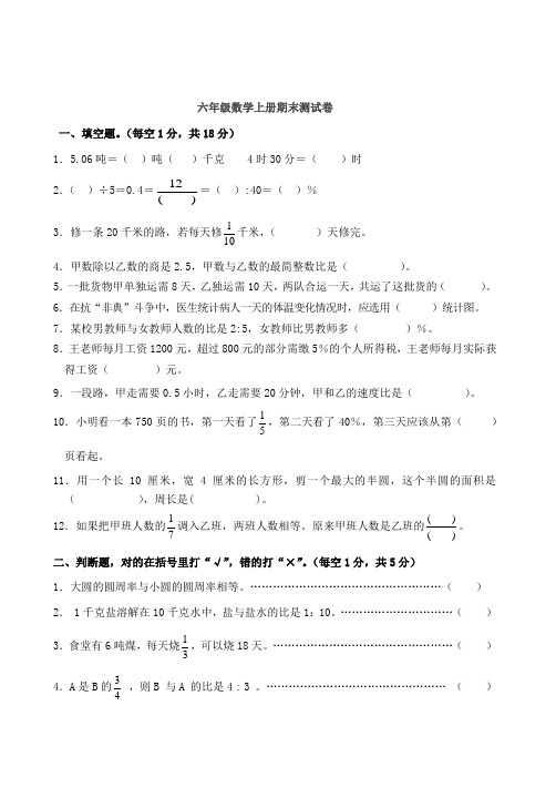 六年级数学上册期末测试卷2