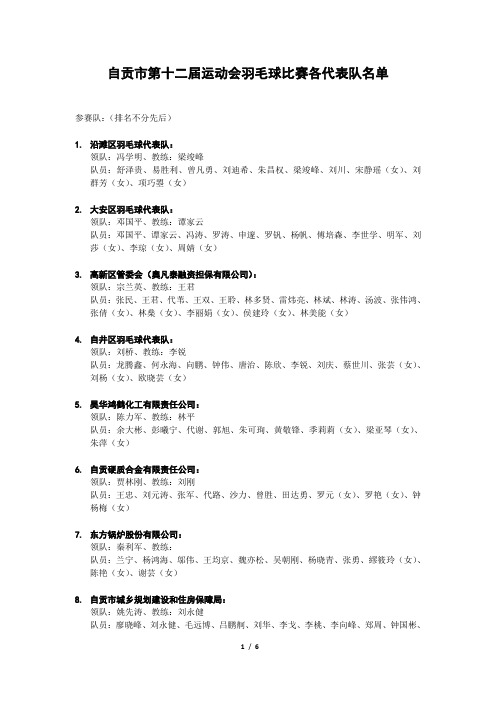 自第十二届运动会羽毛球分赛各单位报名表