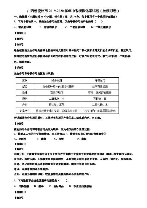 广西省钦州市2019-2020学年中考模拟化学试题(校模拟卷)含解析