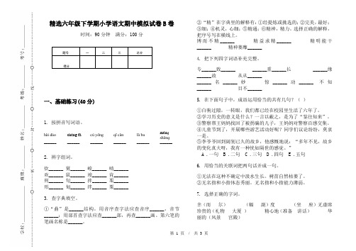 精选六年级下学期小学语文期中模拟试卷B卷