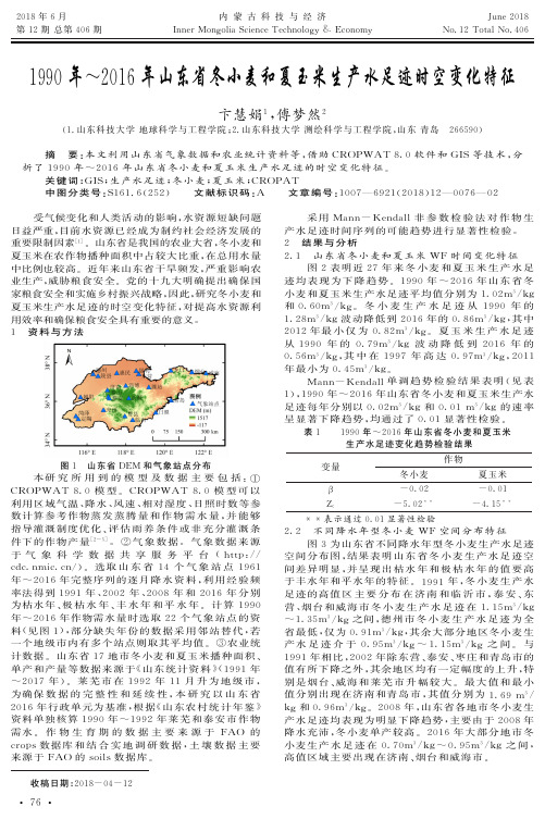 1990年～2016年山东省冬小麦和夏玉米生产水足迹时空变化特征