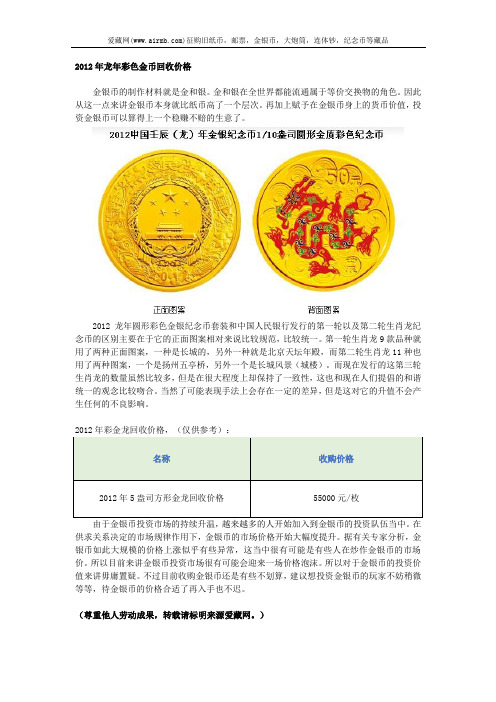 2012年龙年彩色金币回收价格