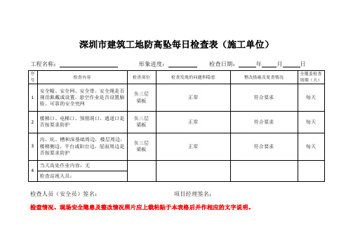 深圳市建筑工地防高坠每日检查表(施工单位)