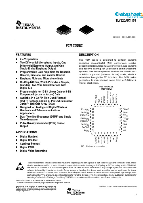 IC datasheet pdf-TLV320AIC1103,pdf(PCM Codec)