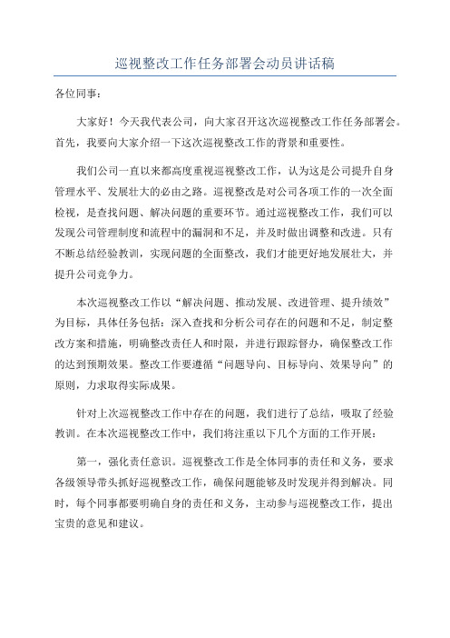 巡视整改工作任务部署会动员讲话稿