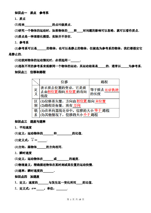 高一必修一物理知识点总结填空