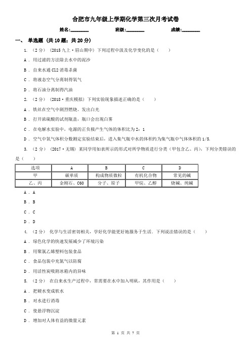 合肥市九年级上学期化学第三次月考试卷