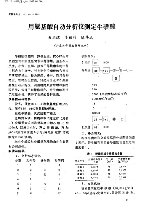 用氨基酸自动分析仪测定牛磺酸