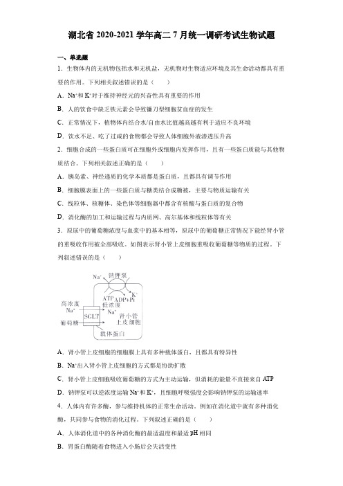 2020-2021学年湖北省高二7月统一调研考试生物试题