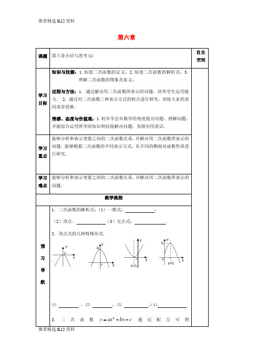 【推荐精选】2018届九年级数学下册 第6章 二次函数小结与思考(1)导学案(无答案) 苏科版