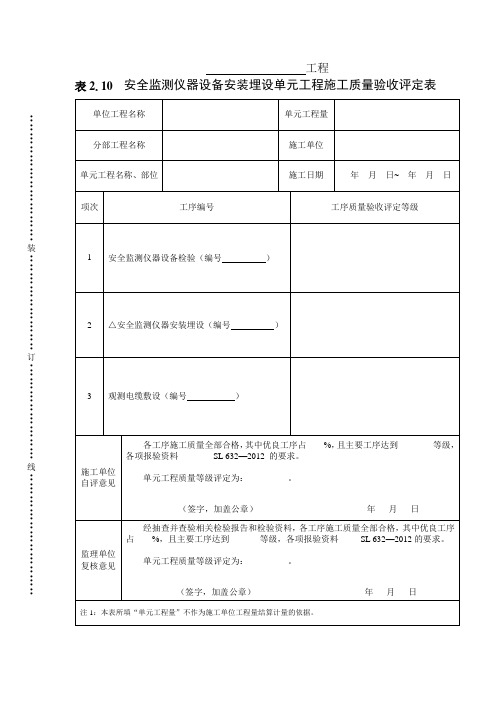 表2.10 安全监测仪器设备安装埋设单元工程施工质量验收评定表