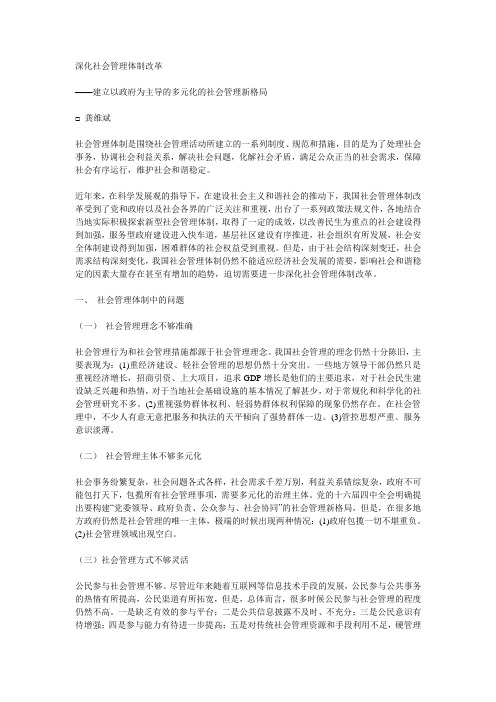 建立以政府为主导的多元化的社会管理新格局