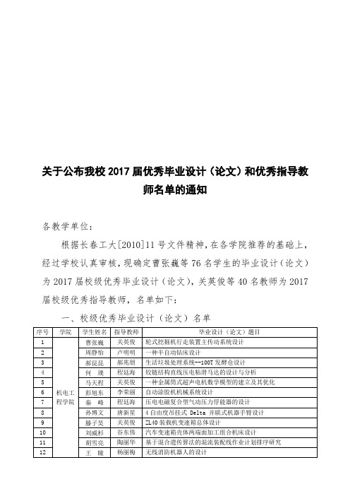 关于公布我校2017届优秀毕业设计(论文)和优秀指导教师名