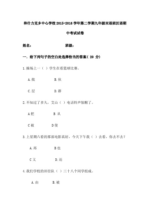 九年级双语班汉语期中考试试卷