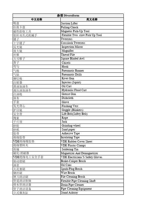 飞机维修常用工具中英文对照-分类