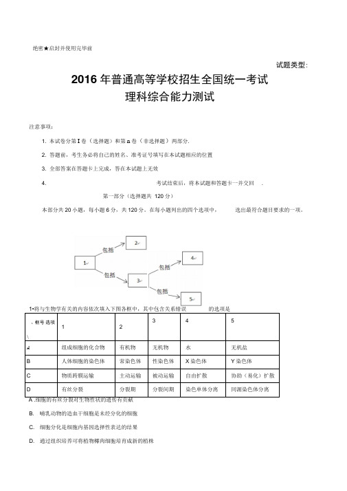 2016年北京理综高考试题(含答案)