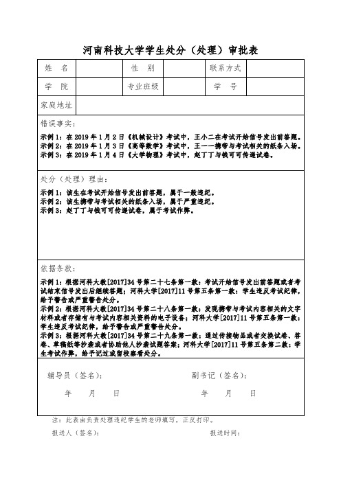 河南科技大学学生处分(处理)审批表