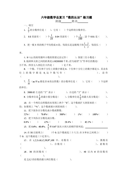 (苏教版)六年级数学总复习“数的认识”练习题