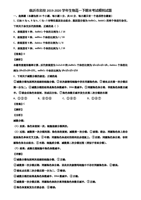 临沂市名校2019-2020学年生物高一下期末考试模拟试题含解析