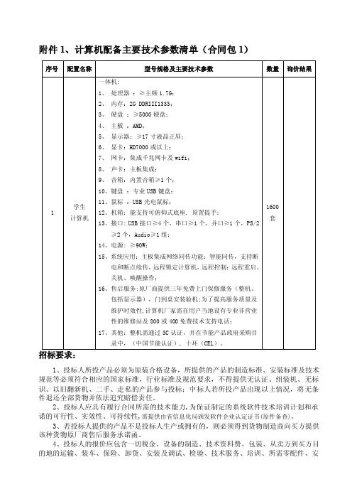 计算机配备主要技术参数清单