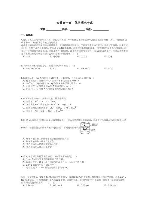 安徽高一高中化学期末考试带答案解析
