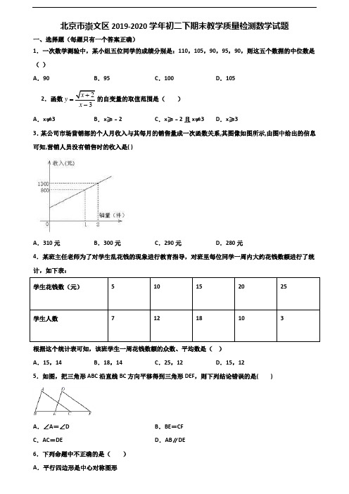 北京市崇文区2019-2020学年初二下期末教学质量检测数学试题含解析