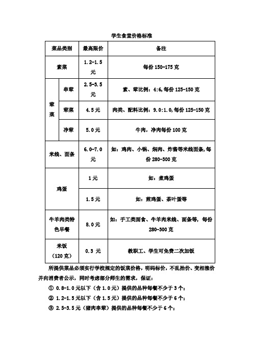 学生食堂价格标准