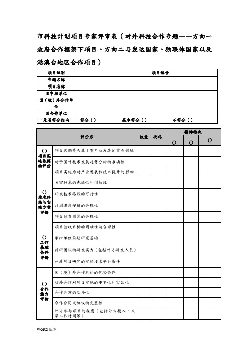 某市科技计划项目专家评审表对外科技合作专题——方向