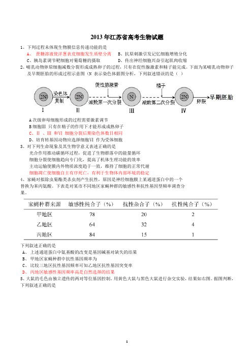 2013年江苏高考生物试题