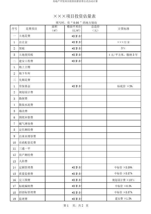 房地产开发项目投资估算表带公式自动计算